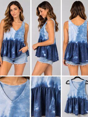 American Eagle Blue White Tie Dye V-Neck Ruffle Tank Top XS